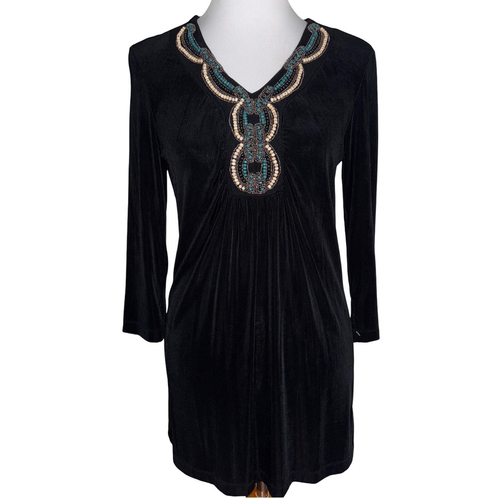 Chico's Travelers Black Mini Dress Beaded Neckline